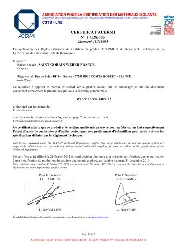 Certificat ACERMI weber.therm Ultra 22 - untec