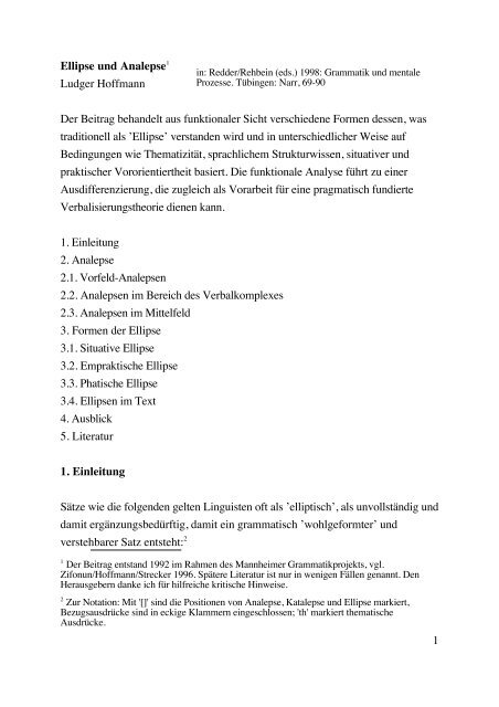 Ellipse und Analepse1 Ludger Hoffmann Der Beitrag behandelt aus ...