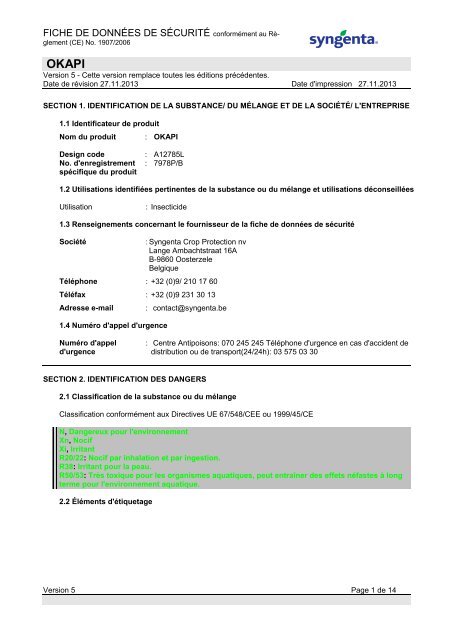 FICHE DE DONNÃES DE SÃCURITÃ conformÃ©ment au - Syngenta