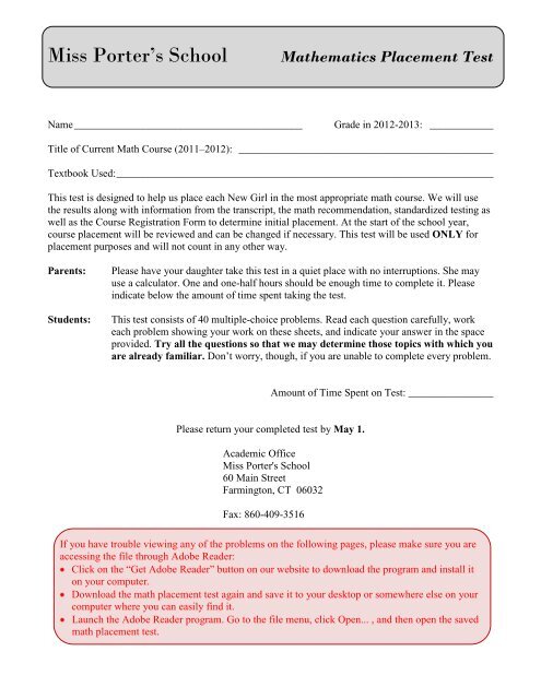 Mathematics Placement Test - Miss Porter's School