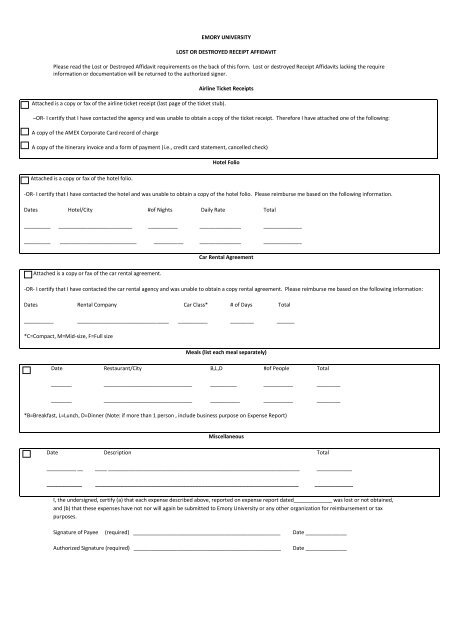 Lost or destroyed Receipt Affidavits - Emory Finance