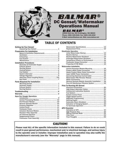 DC Genset / Watermaker Manual - Balmar
