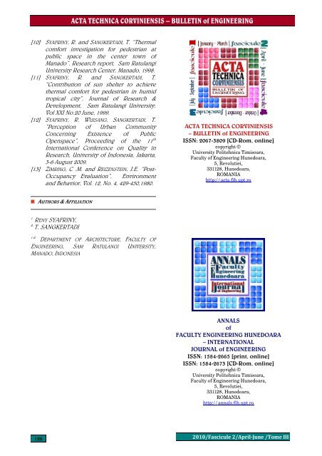 ACTA TECHNICA CORVINIENSIS - Bulletin of Engineering