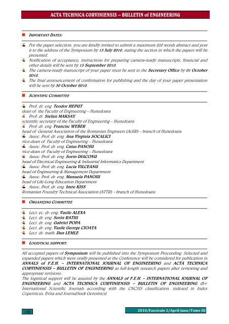 ACTA TECHNICA CORVINIENSIS - Bulletin of Engineering