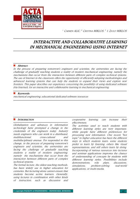 ACTA TECHNICA CORVINIENSIS - Bulletin of Engineering