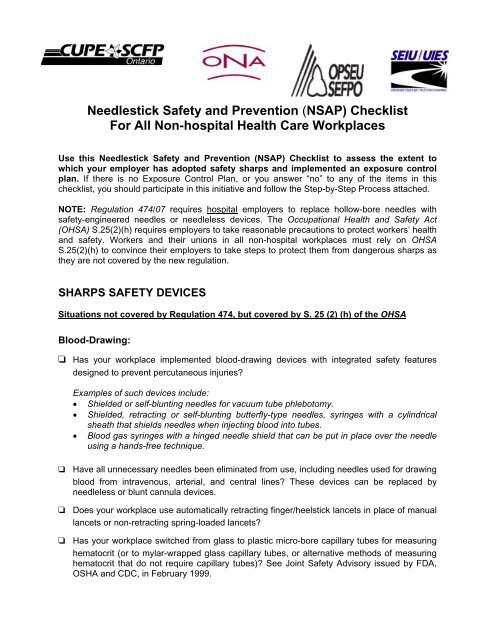 Needlestick Safety and Prevention (NSAP) Checklist For ... - OPSEU