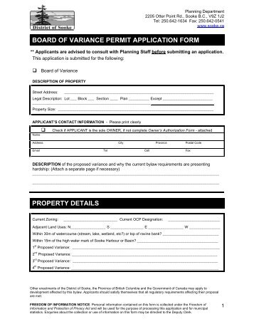 BOARD OF VARIANCE PERMIT APPLICATION ... - District of Sooke