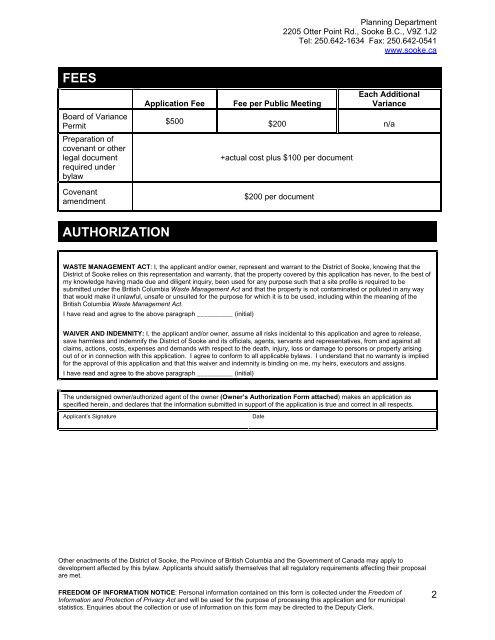 BOARD OF VARIANCE PERMIT APPLICATION ... - District of Sooke