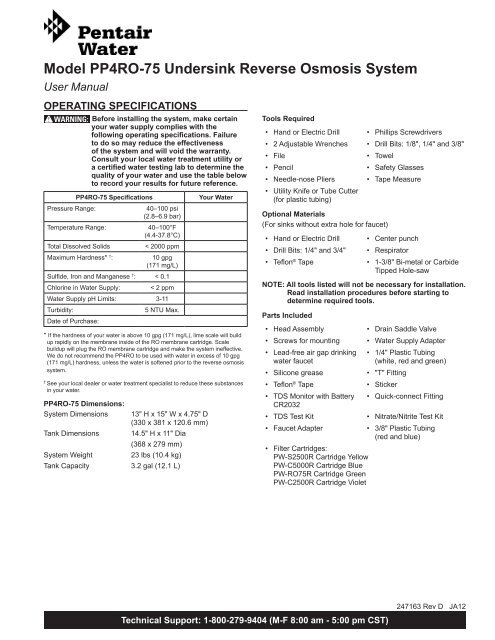 Model PP4RO-75 Undersink Reverse Osmosis System - Pentair ...