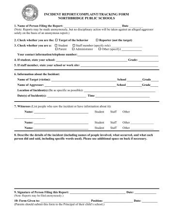 Bullying Incident Report Form - Northbridge Public Schools