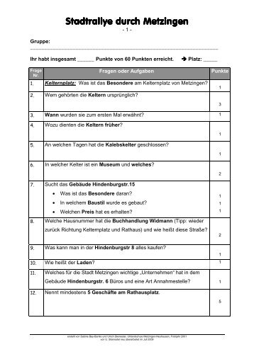 Stadtrallye - Uhlandschule Metzingen - Neuhausen / Glems