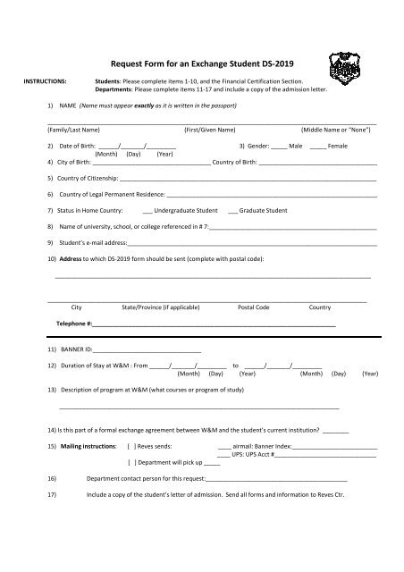 Request Form for an Exchange Student DS-2019 - College of ...
