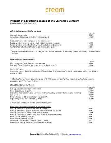 Price list of LasnamÃ¤e Centrum advertising spaces - Cream OÃ