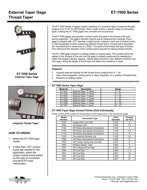 External Taper Gage Thread Taper ET-7000 Series - Gagemaker