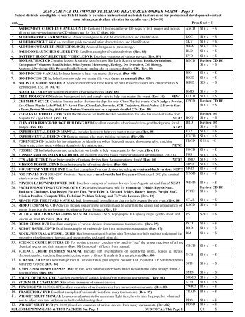 2010 SCIENCE OLYMPIAD TEACHING RESOURCES ORDER FORM