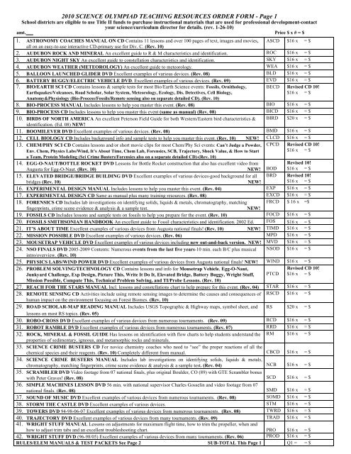 2010 Science Olympiad Teaching Resources Order Form