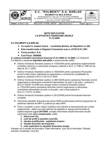 Note explicative la situatiile financiare anuale 2009 - S.C. Rulmenti ...