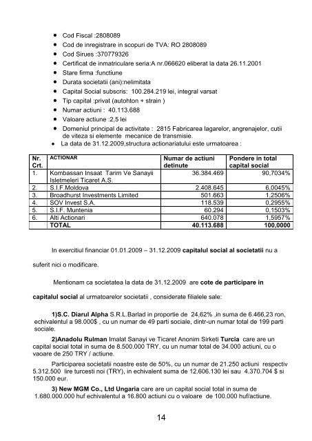 Note explicative la situatiile financiare anuale 2009 - S.C. Rulmenti ...