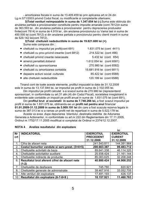 Note explicative la situatiile financiare anuale 2009 - S.C. Rulmenti ...