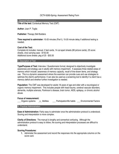 OCTH 6260-Spring- Assessment Rating Form