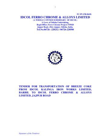 idcol ferro chrome & alloys limited, jajpur road - Tender