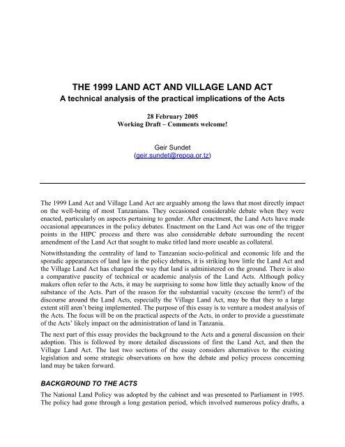 The 1999 Land Act and Village Land Act - Mokoro