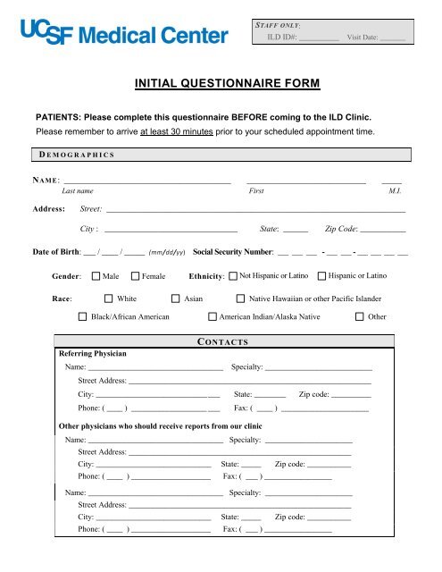 INITIAL QUESTIONNAIRE FORM - UCSF Medical Center