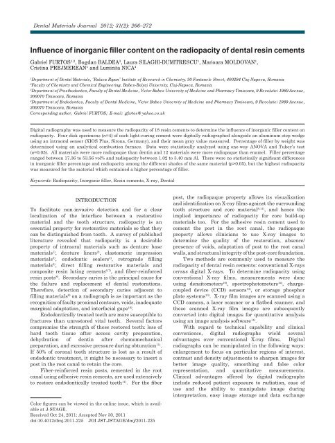 Influence of inorganic filler content on the radiopacity of dental resin ...