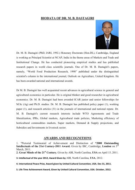 BIODATA OF DR. M. B. DASTAGIRI AWARDS AND ... - NCAP