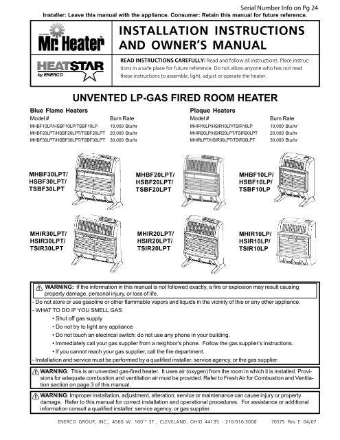 installation instructions and owner's manual - Mr. Heater