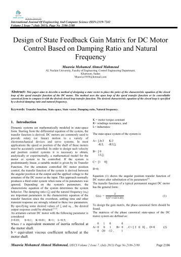 Design of State Feedback Gain Matrix for DC Motor Control ... - Ijecs