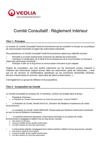 RÃ¨glement IntÃ©rieur - Veolia Finance - Veolia Environnement