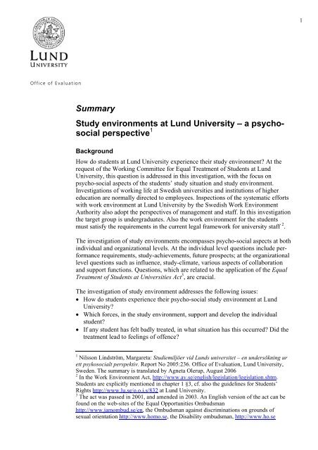 Summary Study environments at Lund University ... - Lunds universitet