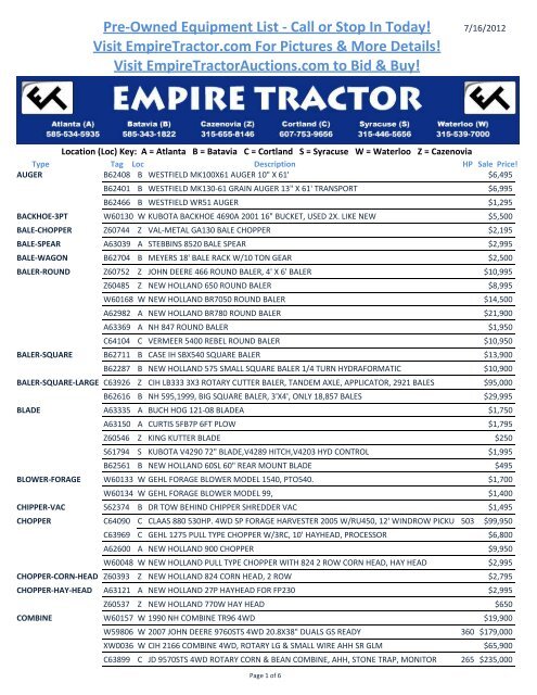 Pre-Owned Equipment List - Call or Stop In Today ... - Empire Tractor