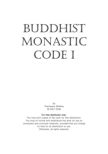 BUDDHIST MONASTIC CODE I