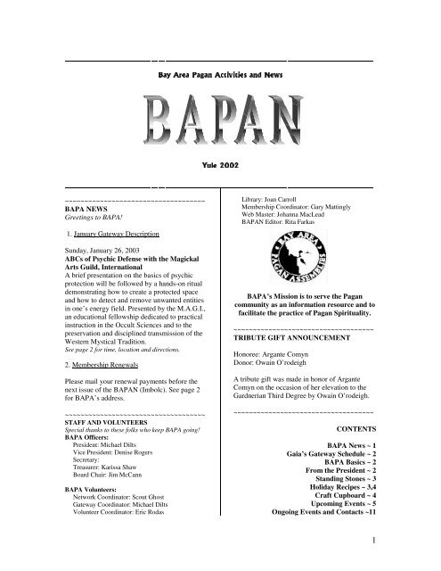 Greetings to BAPA! - Bay Area Pagan Assemblies