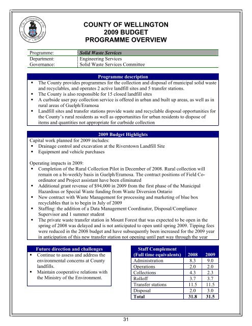 county of wellington 2009 user fees and charges