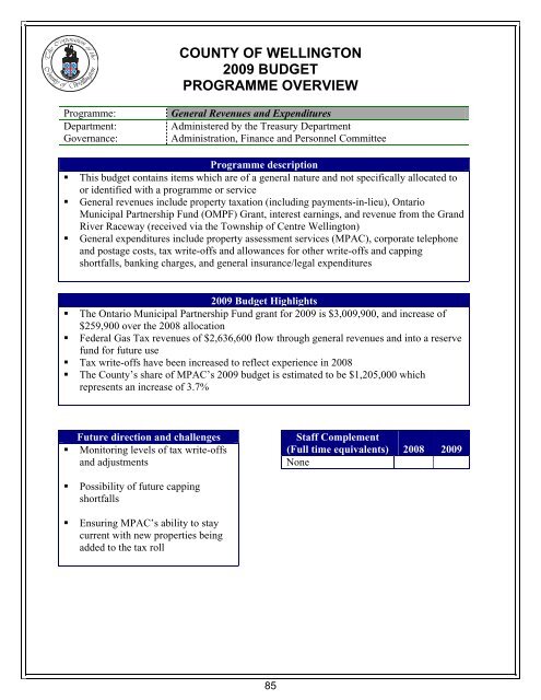 county of wellington 2009 user fees and charges