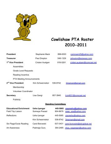 Cowlishaw PTA Roster 2010-2011 - Cowlishaw Elementary School