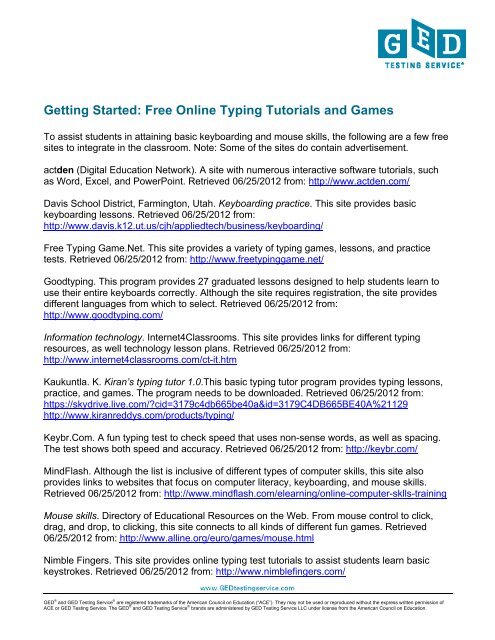 Free Online Typing Tutorials and Games - GED Testing Service