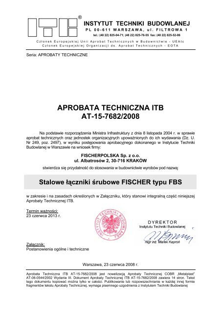 APROBATA TECHNICZNA ITB AT-15-7682/2008 - fischer