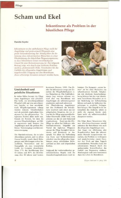 Ekel Und Scham In Der Pflege Scham und Ekel Inkontinenz als Problem in der häuslichen Pflege