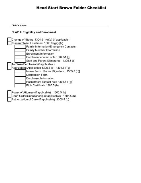 Head Start Brown Folder Checklist