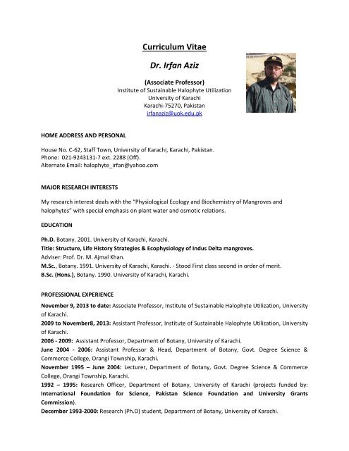 Curriculum Vitae Dr. Irfan Aziz - Halophyte.org