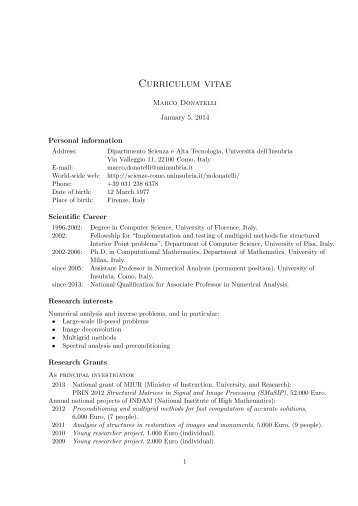 Curriculum vitae - UniversitÃ  degli Studi dell'Insubria