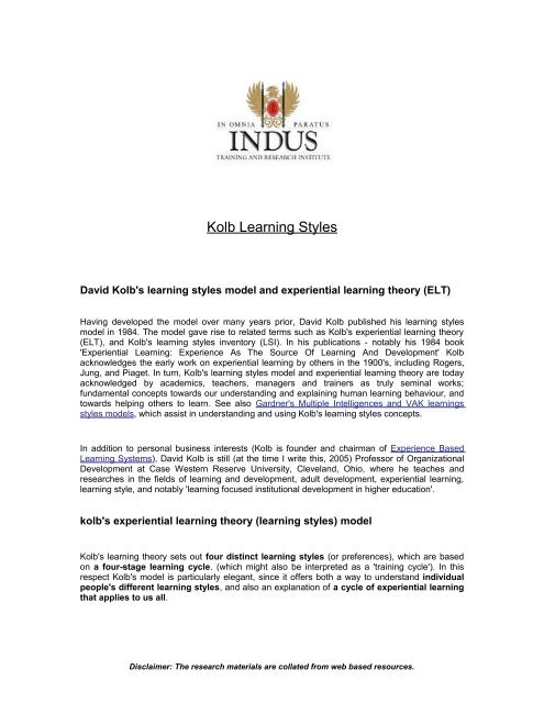 Kolb Learning Styles - ITARI