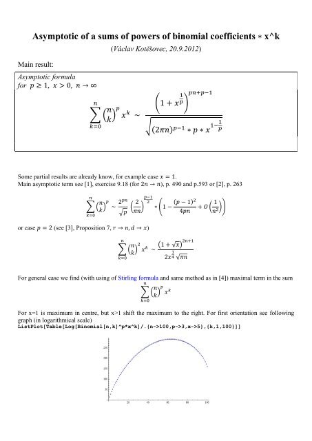 Asymptotic Of A Sums Of Powers Of Binomial Coefficients X K