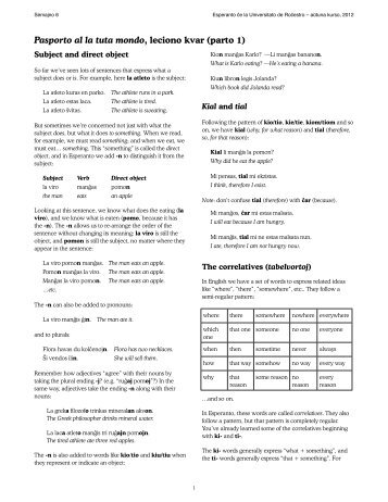 Grammar and homework for part four of Pasporto - Esperanto Äe la ...
