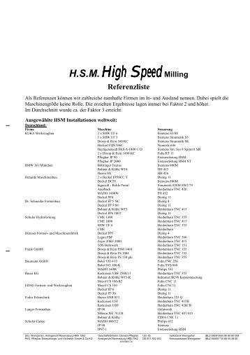 HSM High SpeedMilling Referenzliste - Pfleghar Entwicklungs