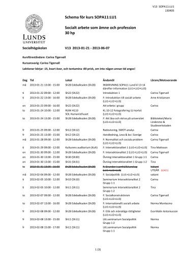 Schema fÃ¶r kurs SOPA11:LU1 Socialt arbete som Ã¤mne och ...